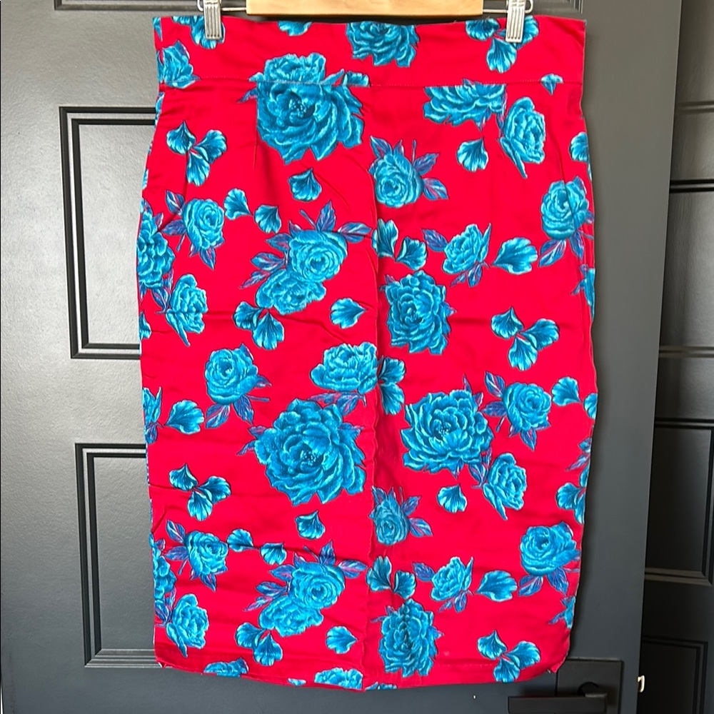 Pinup Couture Red with Blue Roses Pencil Skirt